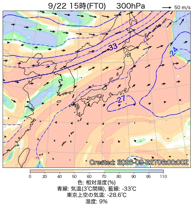 2026年9月22日の日本周辺の300hPa天気図（15時）