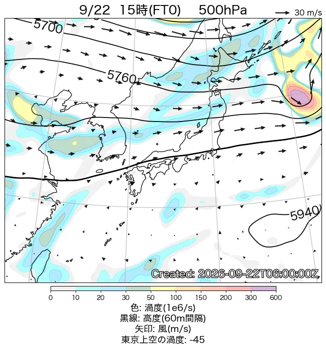 2026年9月22日の日本周辺の500hPa天気図（15時）