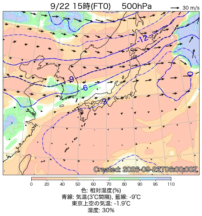 2026年9月22日の日本周辺の500hPa天気図（15時）