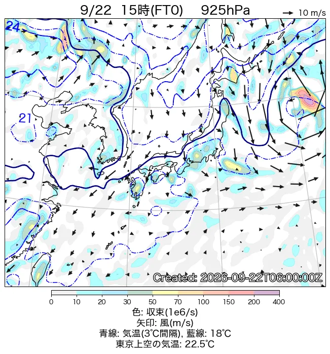 2026年9月22日の日本周辺の925hPa天気図（15時）