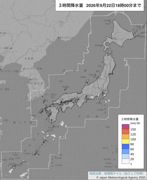 2026年9月22日15〜18時の日本周辺の3時間解析降水量
