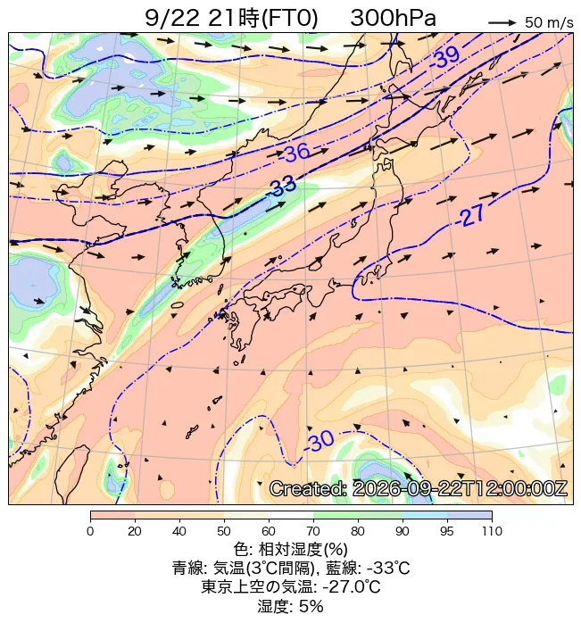 2026年9月22日の日本周辺の300hPa天気図（21時）