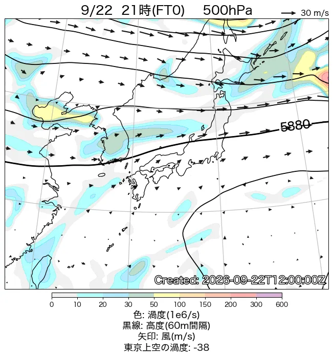 2026年9月22日の日本周辺の500hPa天気図（21時）