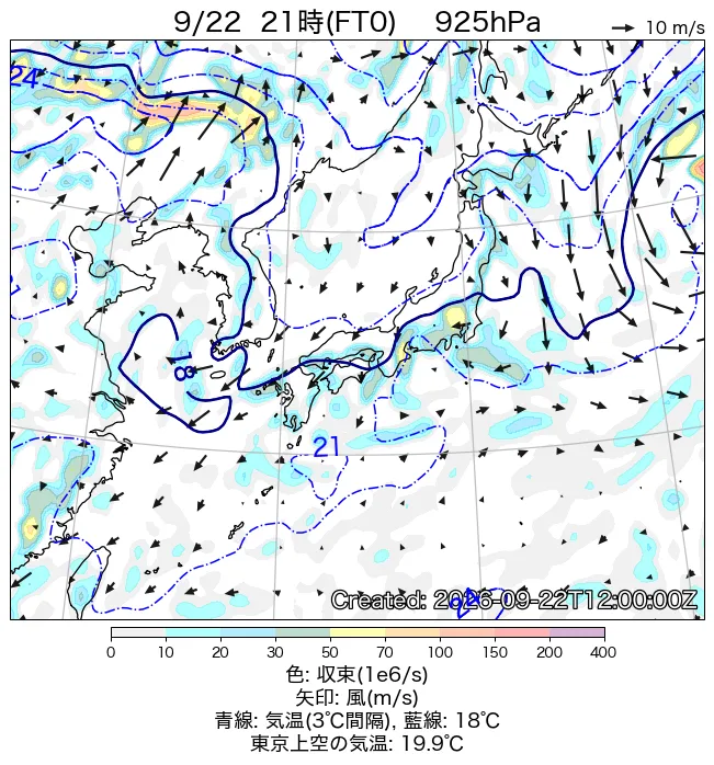 2026年9月22日の日本周辺の925hPa天気図（21時）
