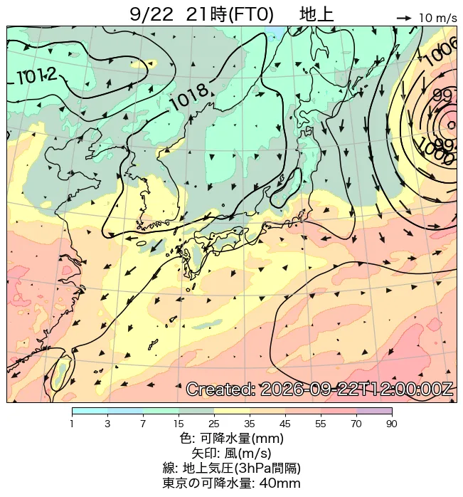 2026年9月22日の日本周辺の地上天気図（21時）