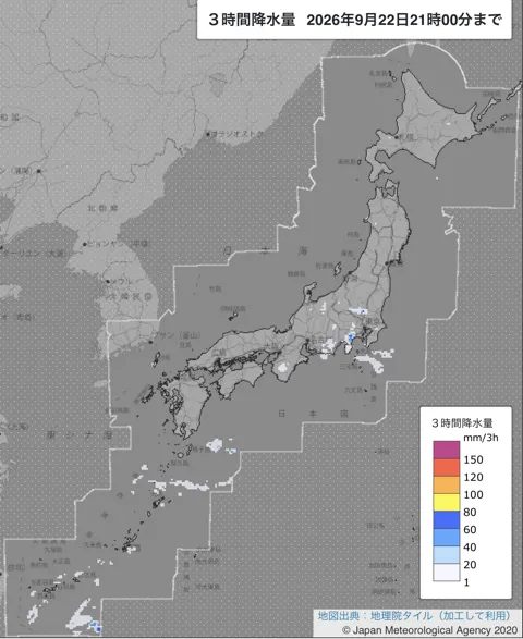 2026年9月22日18〜21時の日本周辺の3時間解析降水量