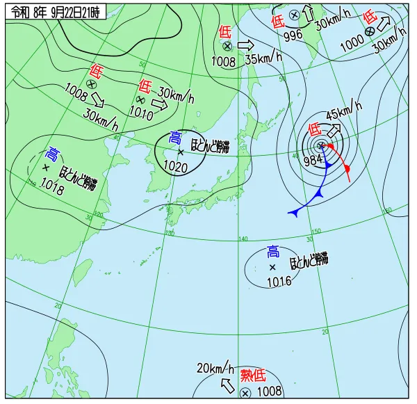 2026年9月22日21時の速報天気図