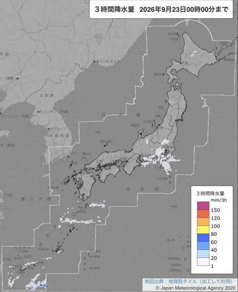 2026年9月22日21〜24時の日本周辺の3時間解析降水量