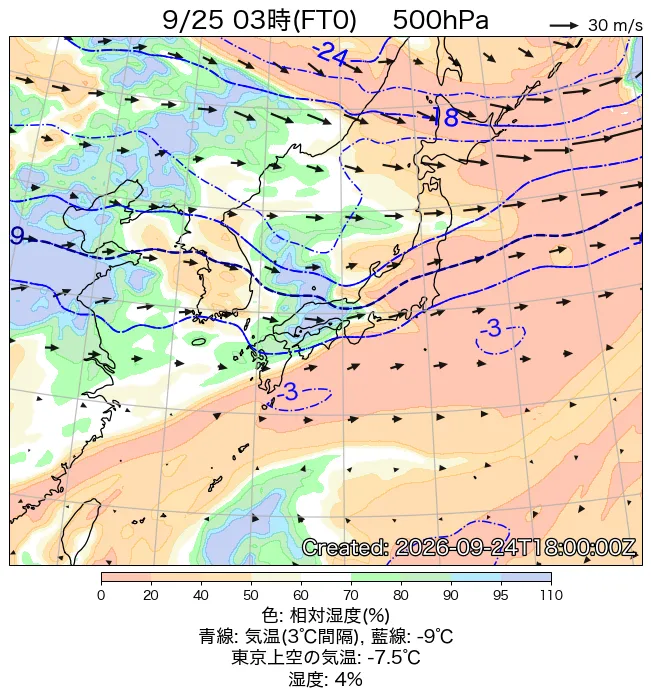2026年9月25日の日本周辺の500hPa天気図（3時）