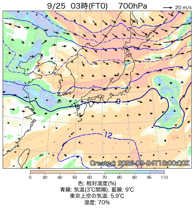 2026年9月25日の日本周辺の700hPa天気図（3時）