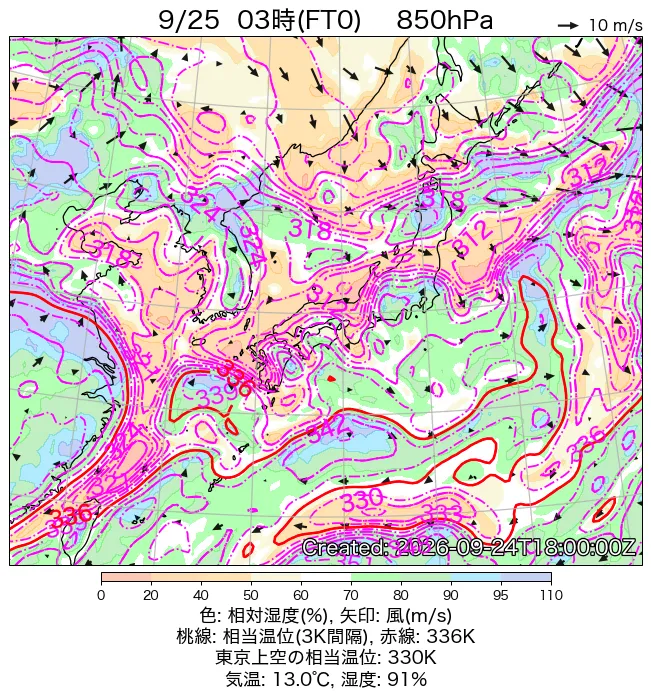 2026年9月25日の日本周辺の850hPa天気図（3時）