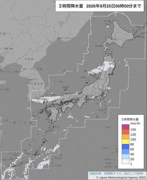2026年9月25日3〜6時の日本周辺の3時間解析降水量