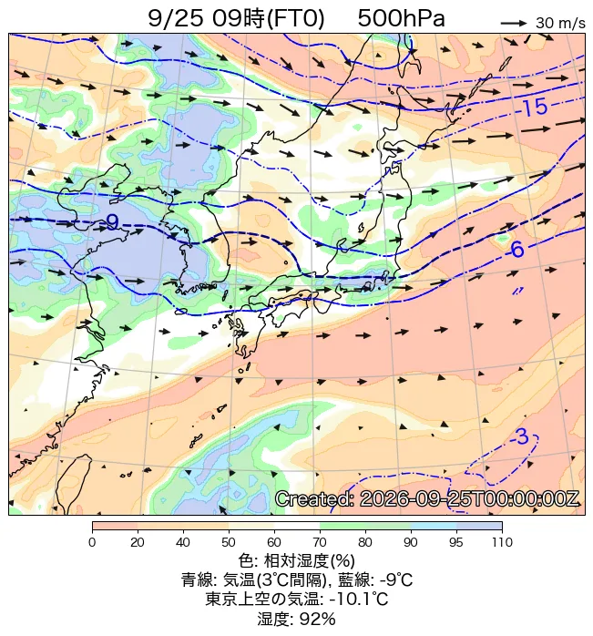 2026年9月25日の日本周辺の500hPa天気図（9時）