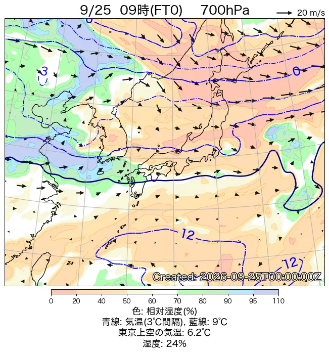 2026年9月25日の日本周辺の700hPa天気図（9時）