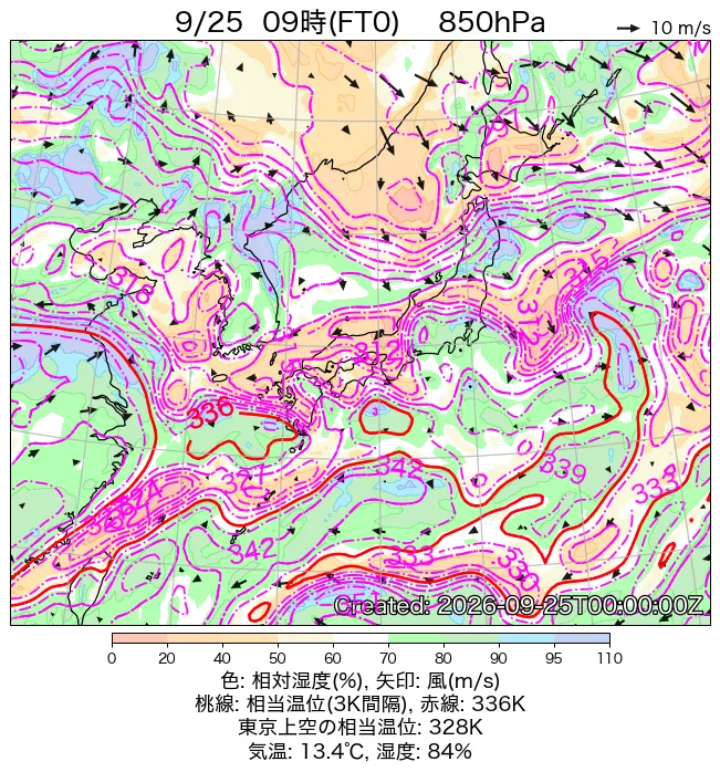 2026年9月25日の日本周辺の850hPa天気図（9時）