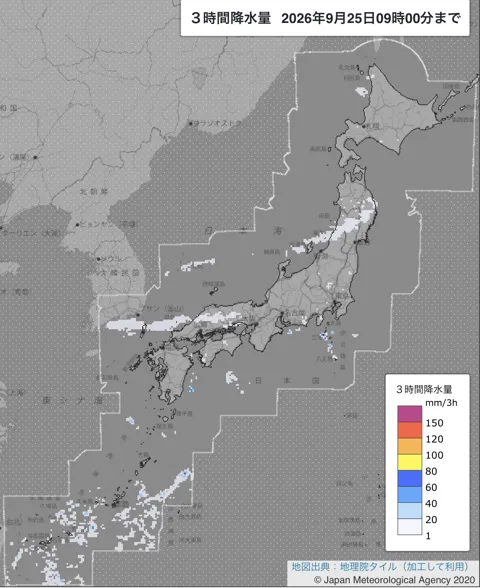 2026年9月25日6〜9時の日本周辺の3時間解析降水量