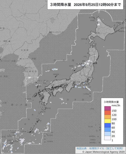 2026年9月25日9〜12時の日本周辺の3時間解析降水量