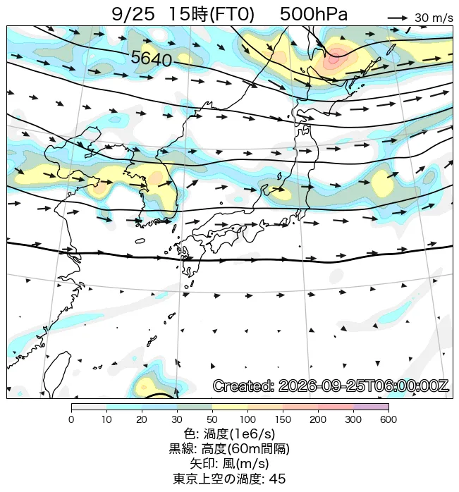 2026年9月25日の日本周辺の500hPa天気図（15時）