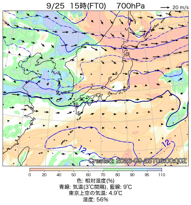 2026年9月25日の日本周辺の700hPa天気図（15時）