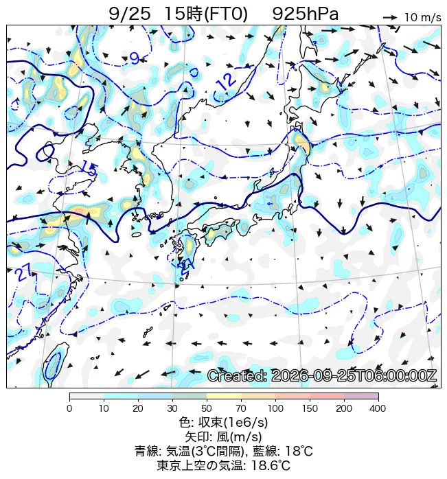 2026年9月25日の日本周辺の925hPa天気図（15時）