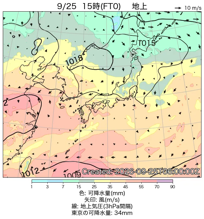 2026年9月25日の日本周辺の地上天気図（15時）