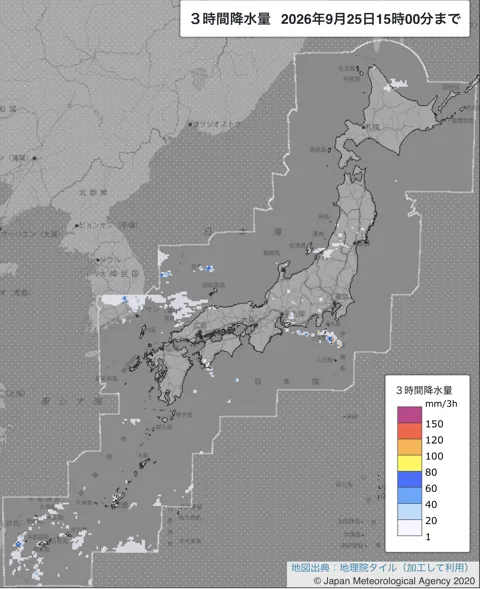 2026年9月25日12〜15時の日本周辺の3時間解析降水量
