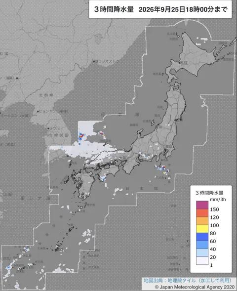 2026年9月25日15〜18時の日本周辺の3時間解析降水量