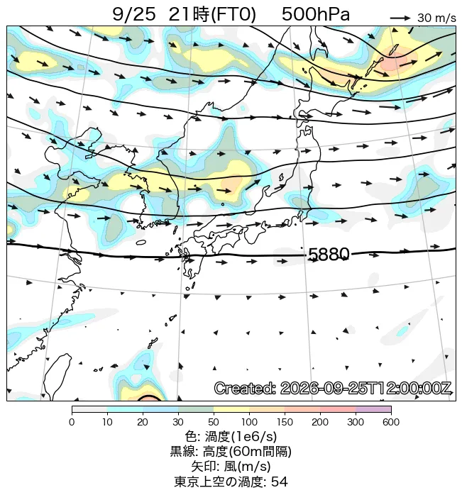 2026年9月25日の日本周辺の500hPa天気図（21時）