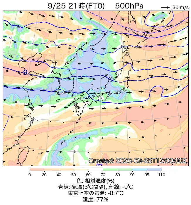 2026年9月25日の日本周辺の500hPa天気図（21時）