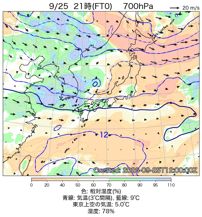 2026年9月25日の日本周辺の700hPa天気図（21時）