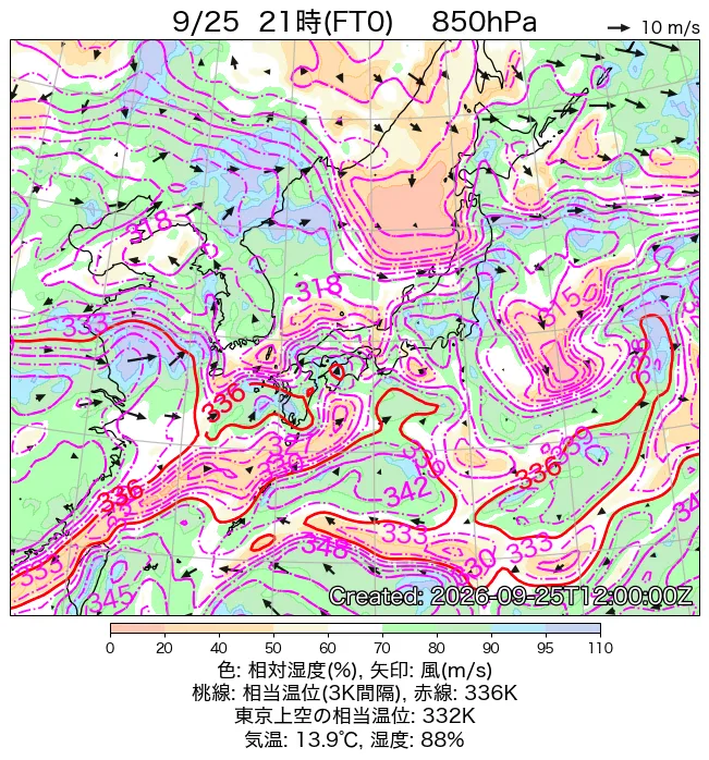 2026年9月25日の日本周辺の850hPa天気図（21時）