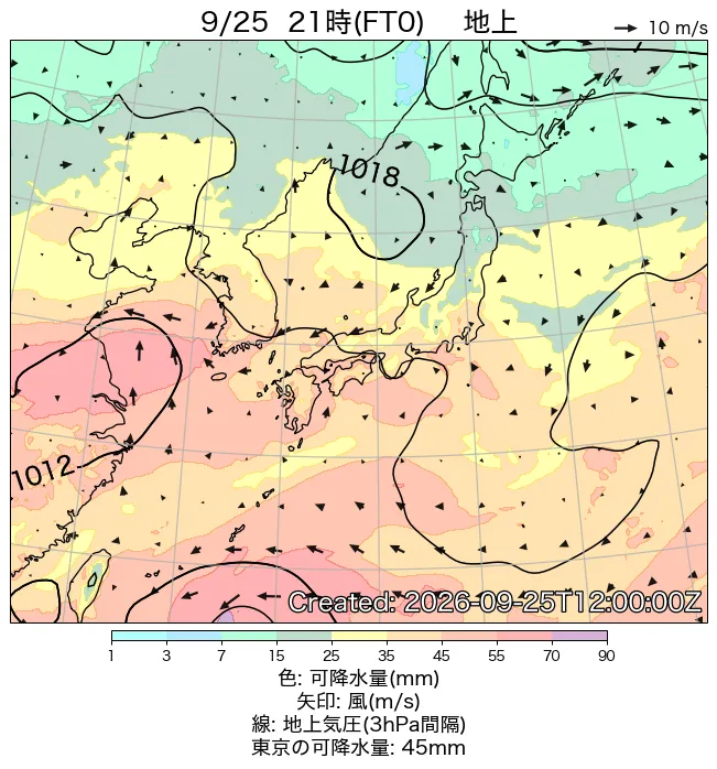 2026年9月25日の日本周辺の地上天気図（21時）