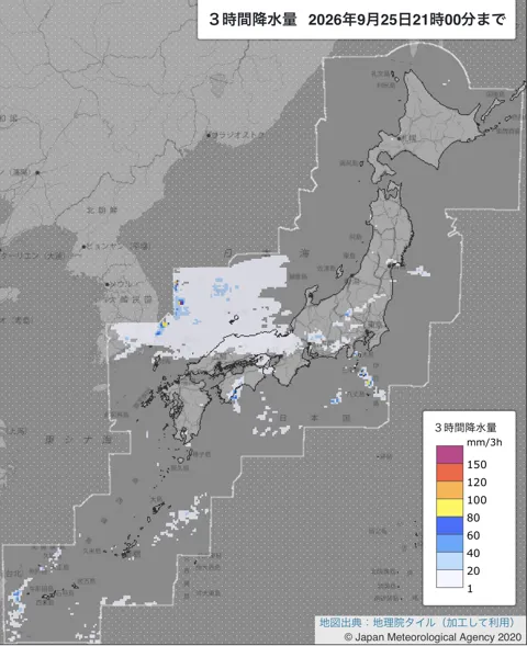 2026年9月25日18〜21時の日本周辺の3時間解析降水量