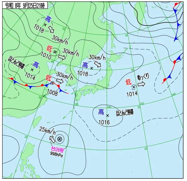 2026年9月25日21時の速報天気図