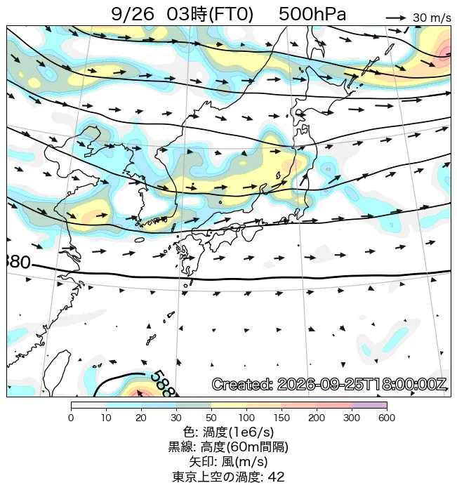2026年9月26日の日本周辺の500hPa天気図（3時）