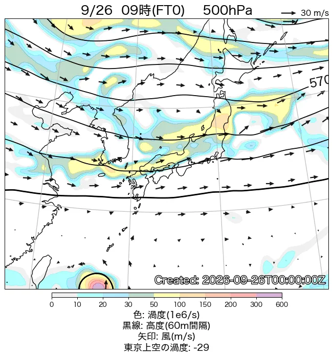 2026年9月26日の日本周辺の500hPa天気図（9時）