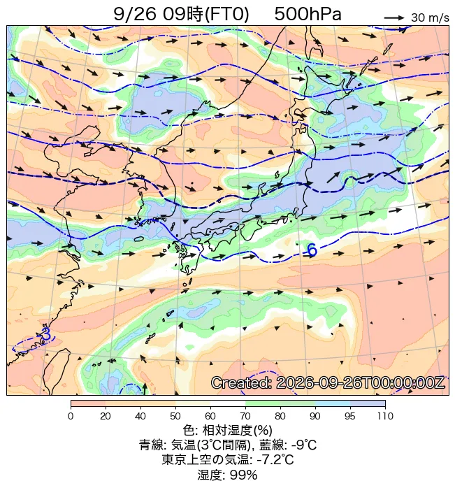 2026年9月26日の日本周辺の500hPa天気図（9時）