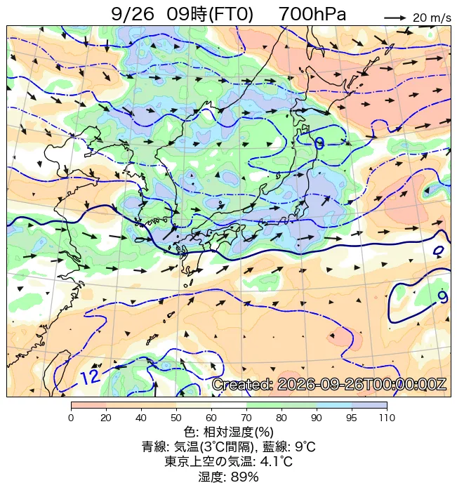 2026年9月26日の日本周辺の700hPa天気図（9時）