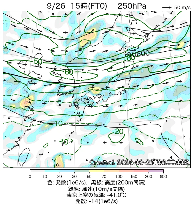 2026年9月26日の日本周辺の250hPa天気図（15時）