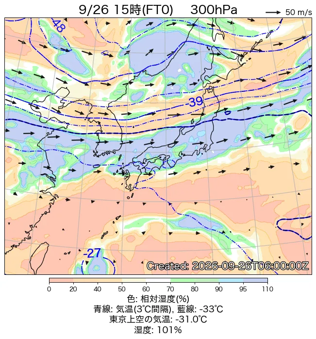2026年9月26日の日本周辺の300hPa天気図（15時）