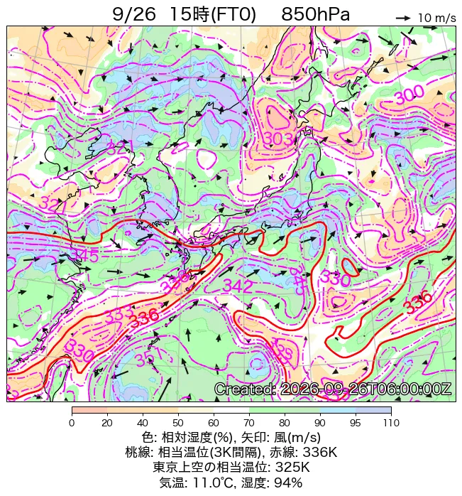 2026年9月26日の日本周辺の850hPa天気図（15時）