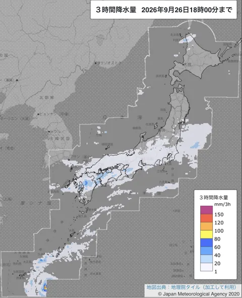 2026年9月26日15〜18時の日本周辺の3時間解析降水量