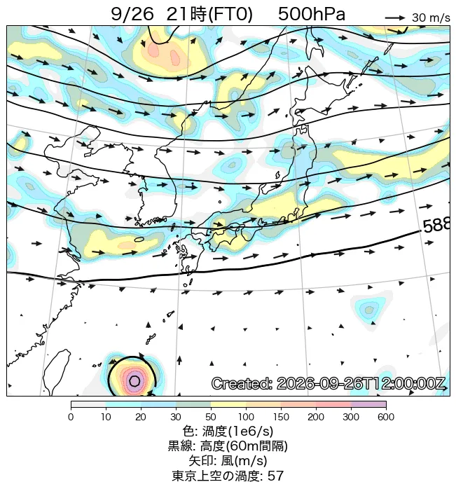 2026年9月26日の日本周辺の500hPa天気図（21時）