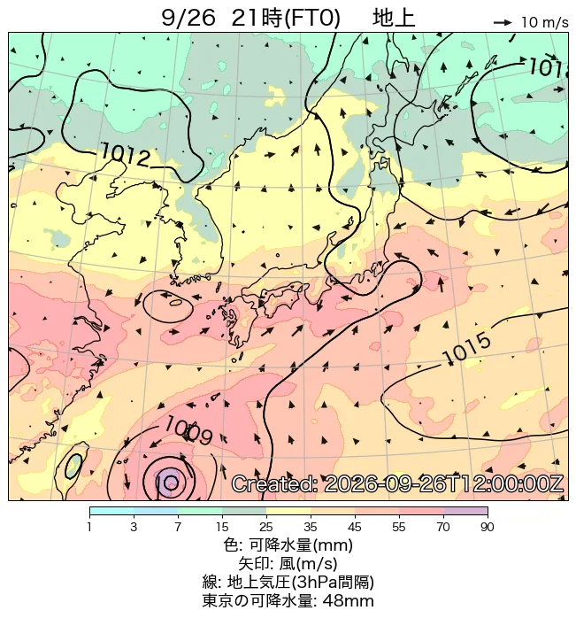 2026年9月26日の日本周辺の地上天気図（21時）