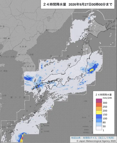 2026年9月26日の日本周辺の日解析雨量の図
