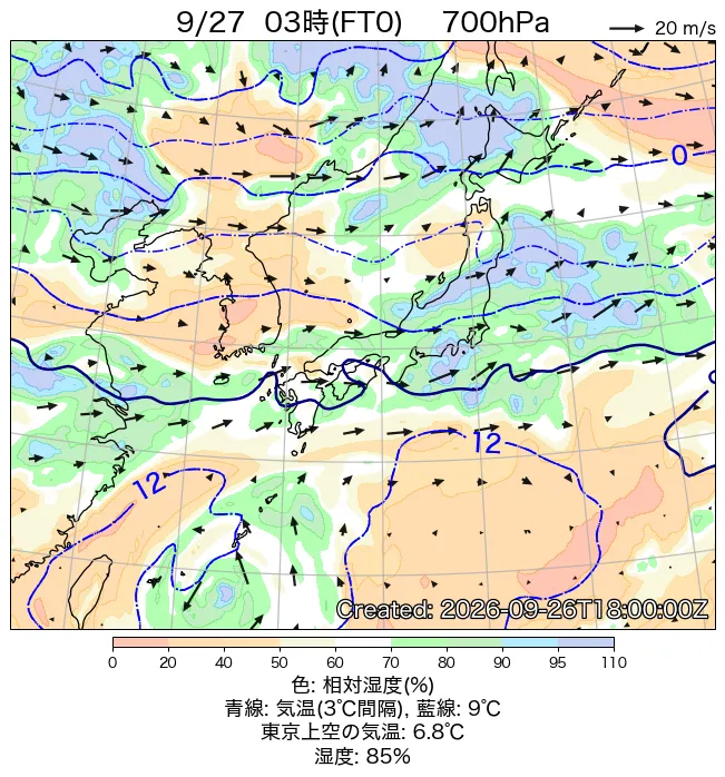 2026年9月27日の日本周辺の700hPa天気図（3時）