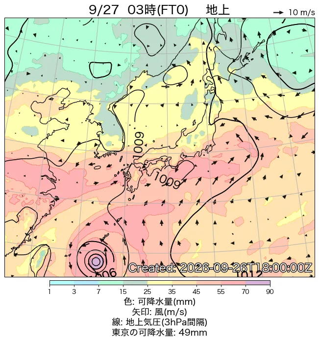 2026年9月27日の日本周辺の地上天気図（3時）