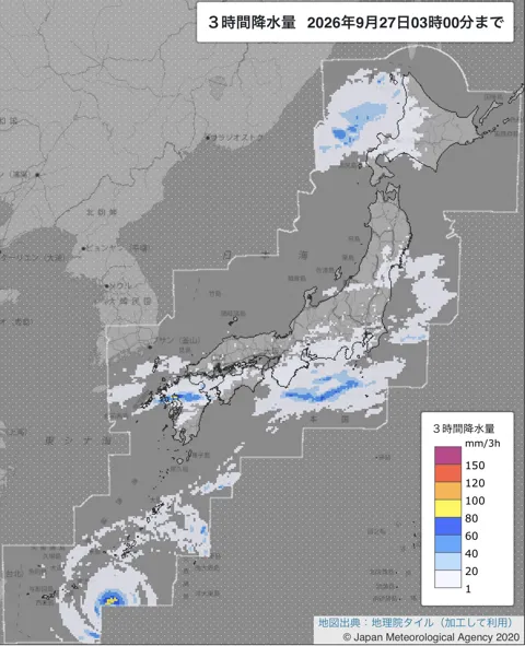 2026年9月27日0〜3時の日本周辺の3時間解析降水量