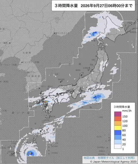 2026年9月27日3〜6時の日本周辺の3時間解析降水量