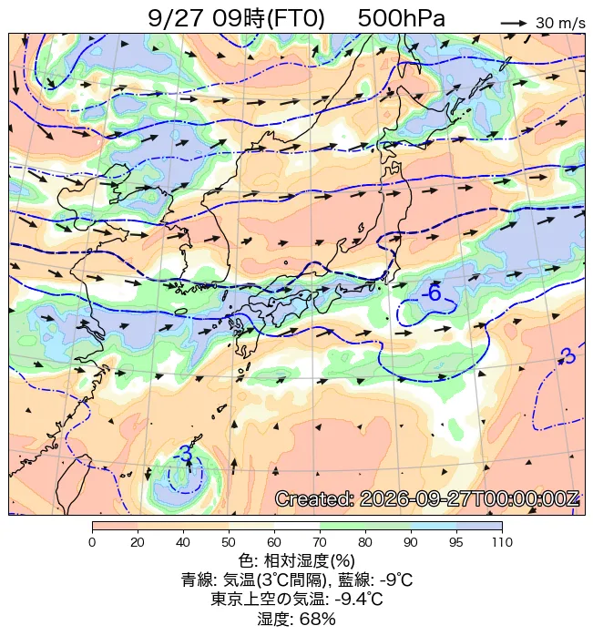 2026年9月27日の日本周辺の500hPa天気図（9時）